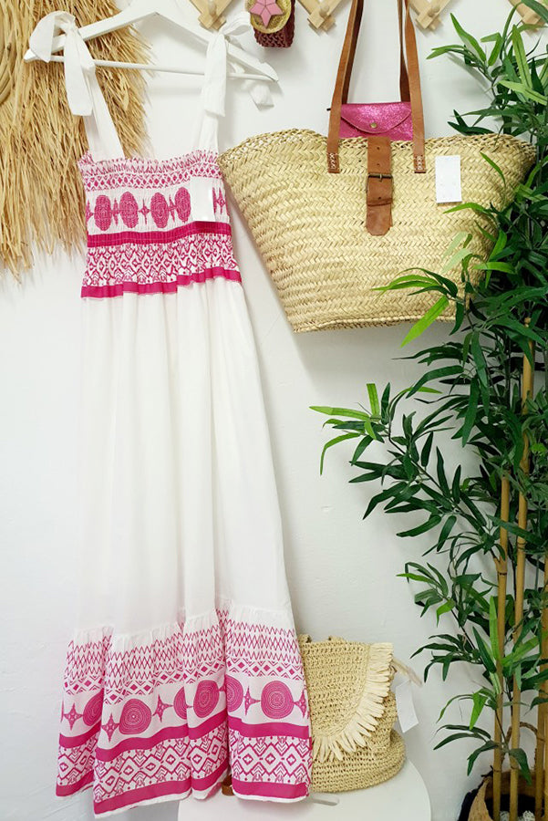 LM | Malibu Villa Ethnic printed maxi dress with smocked shoulders