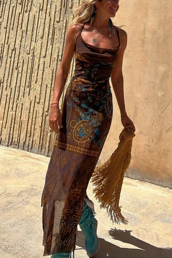 LM | Gypsy Style Unique Print Cowl Neck Back Lace Up Slit Midi Dress