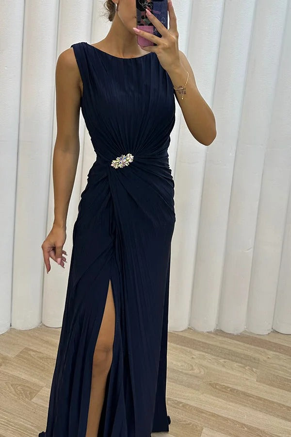 LM | Pretty Special Pleated Embellished Slit Evening Maxi Dress