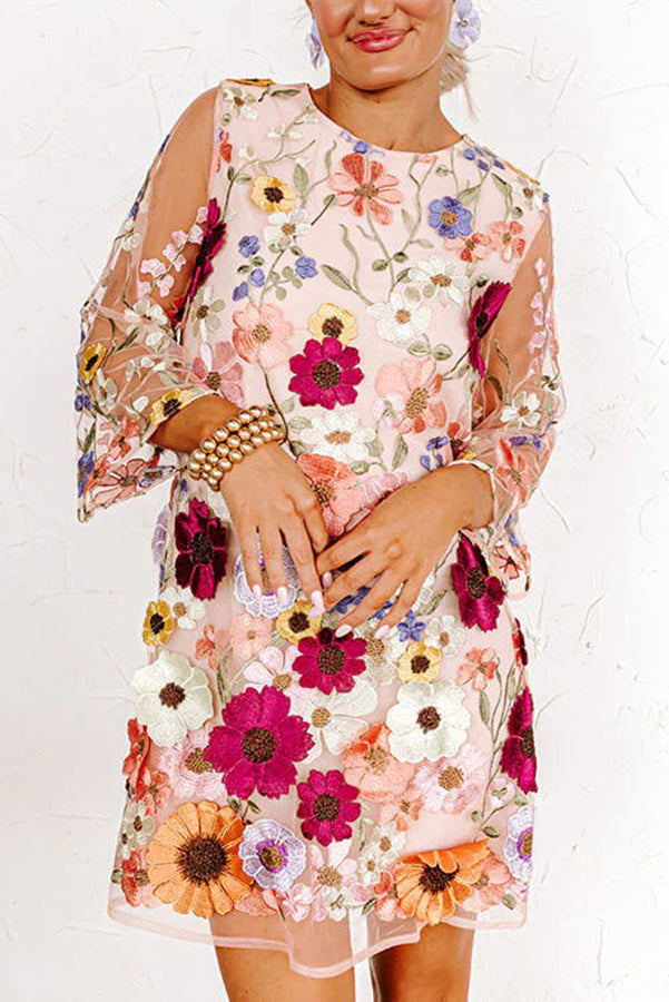 LM | Dahlia Dreaming Embroidered Floral Appliqué Half Sleeve Mini Dress