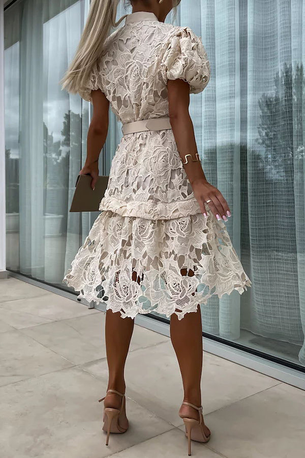 LM | Absolutely Elegant Floral Crochet Lace Puff Sleeve Belted Shirt Midi Dress