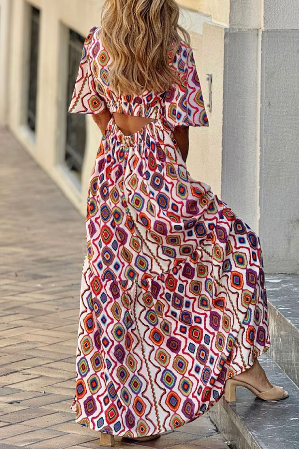 LM | Vintage V-neck short sleeve plaid midi dress