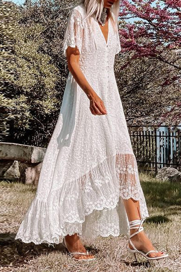 LM | V-neck slim fit dress floral lace midi dress