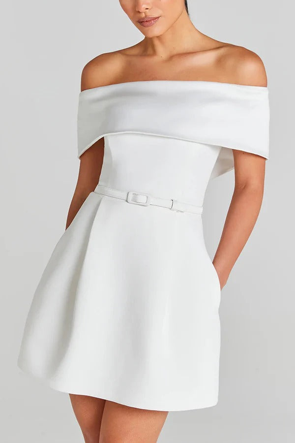 LM | Elegant Evening Lapel Bandeau Detachable Belt Pocketed Mini Dress