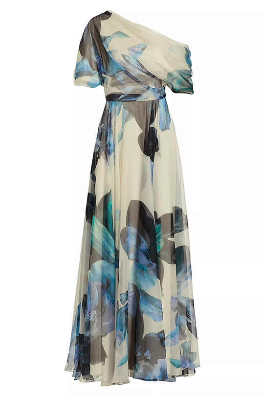 LM | Unique printed bohemian short-sleeved maxi dress with one shoulder section