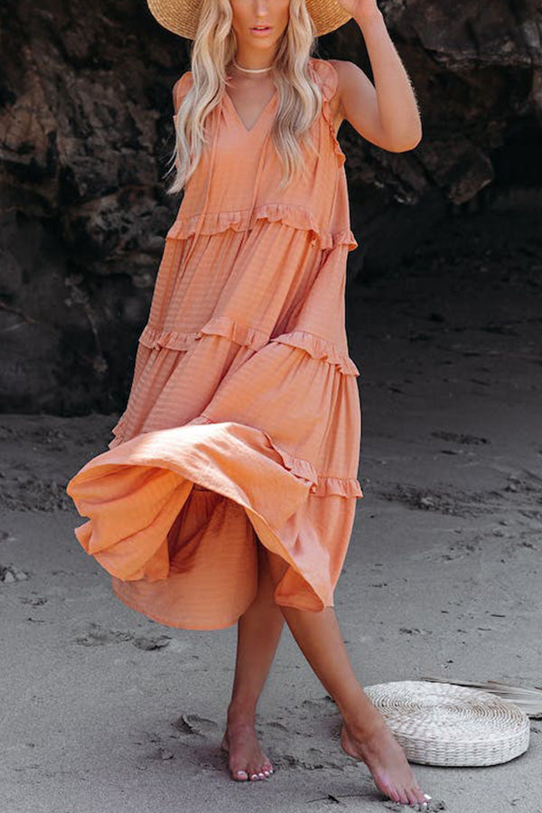 LM | COTTON BLEND, TIERED MIDI DRESS WITH POCKETS