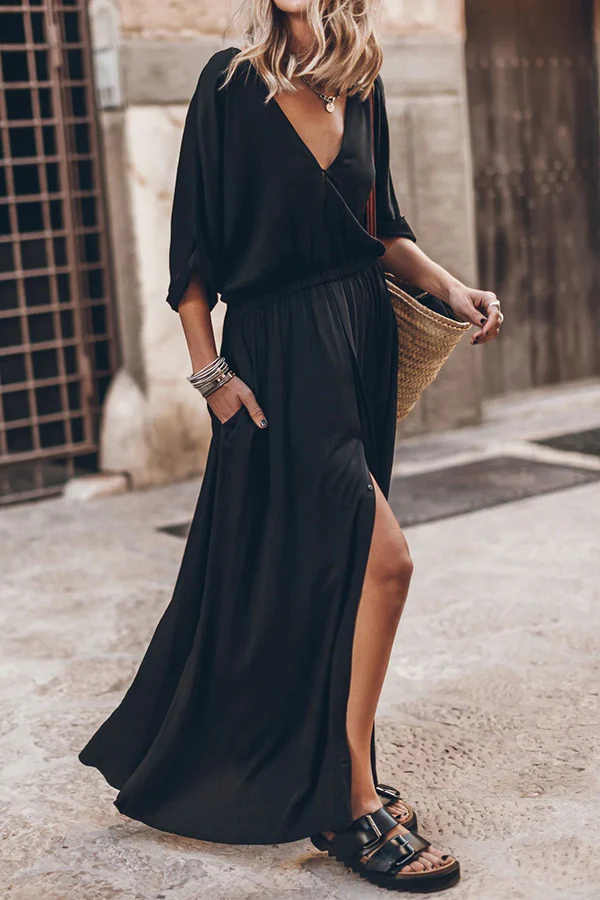 LM | Soft and Elegant Kimono Sleeve Stretchy Waist Pocketed Slit Maxi Dress