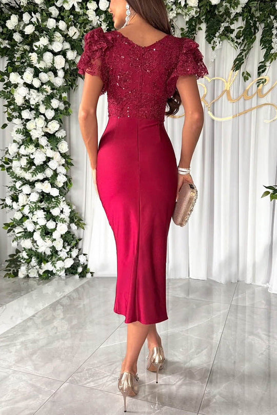 LM | Dreamy luxury lace and satin patchwork ruffle sleeves ruffled midi dress
