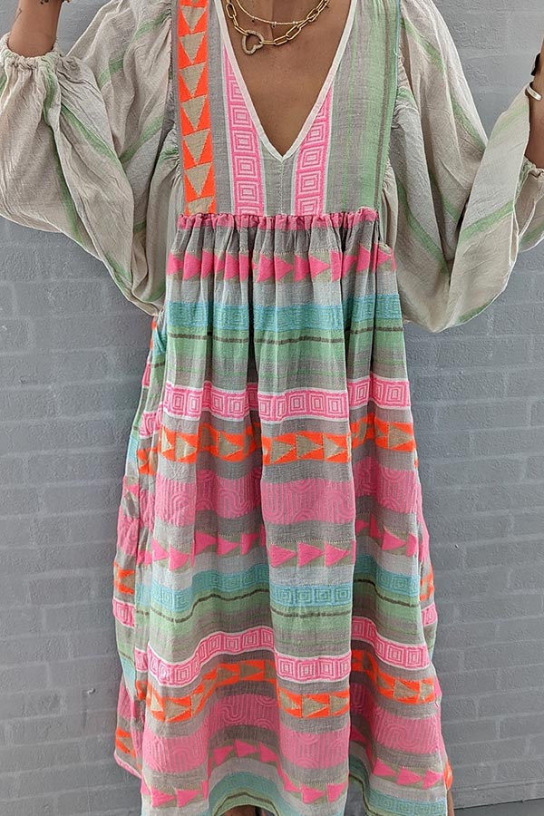 LM | Pink striped midi dress with Greek key and orange necklace