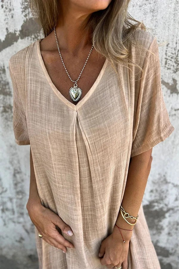 LM | Bayside Bliss linen blend short sleeve pleated loose midi dress