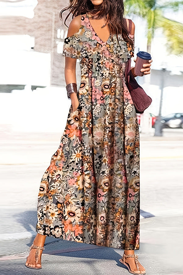 LM | Ayden Plant Print Cold Shoulder Flared Maxi Dress with Pockets