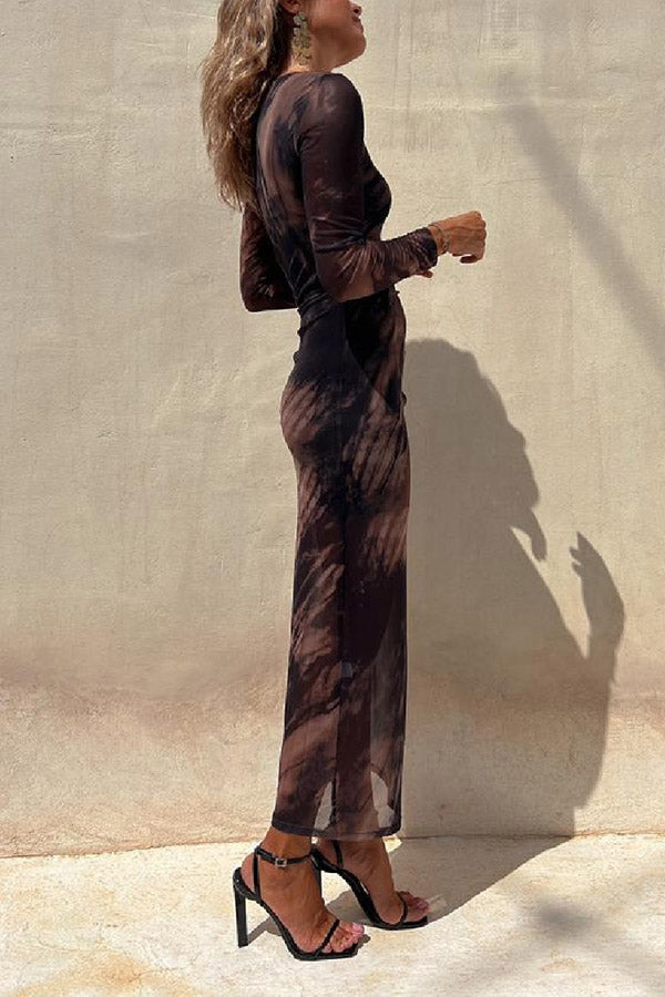 LM | Charm Lady Mesh Overlay Tie Dye Print Long Sleeve Ruffled Stretch Midi Dress
