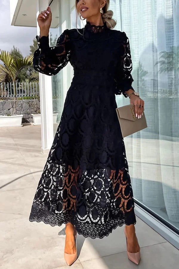 LM | Romantic, Sensual and Elegant Crochet Lace Lantern Sleeve Party Midi Dress