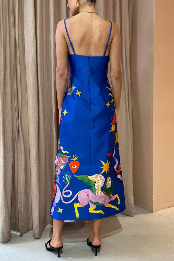 LM | Main Stage Unique Printed Ruffled Cross Over Detail Strap Midi Dress