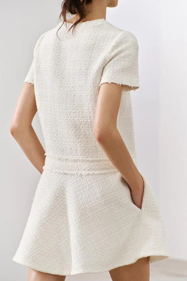 LM | 1960s London Girl tweed textured gold button short sleeve pocketed mini dress