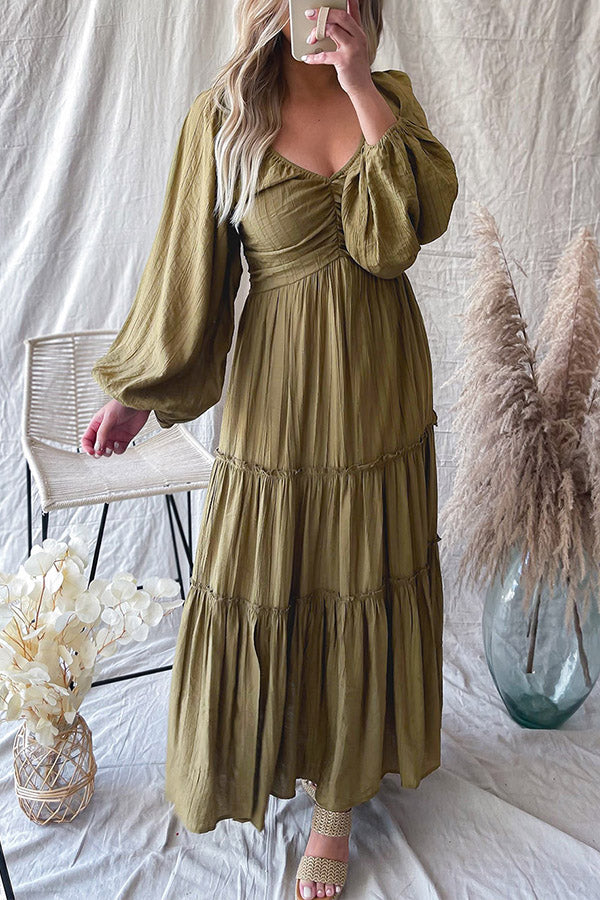 LM | Green V-neck bowknot neckline ruffle striped maxi dress