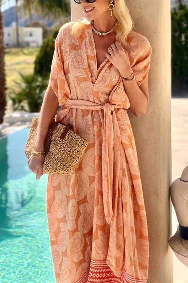 LM | Fashion Conch Print V-Neck Lace-Up Beach Midi Dress