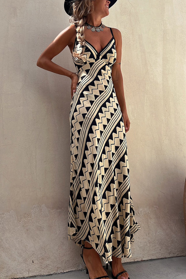 LM | Exclusive Melody Satin Ethnic Print Smocked Back Midi Dress