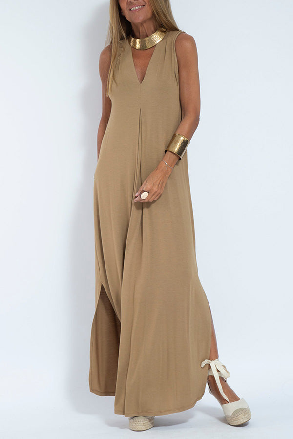 LM | Elegant is forever knit solid color sleeveless slit maxi dress