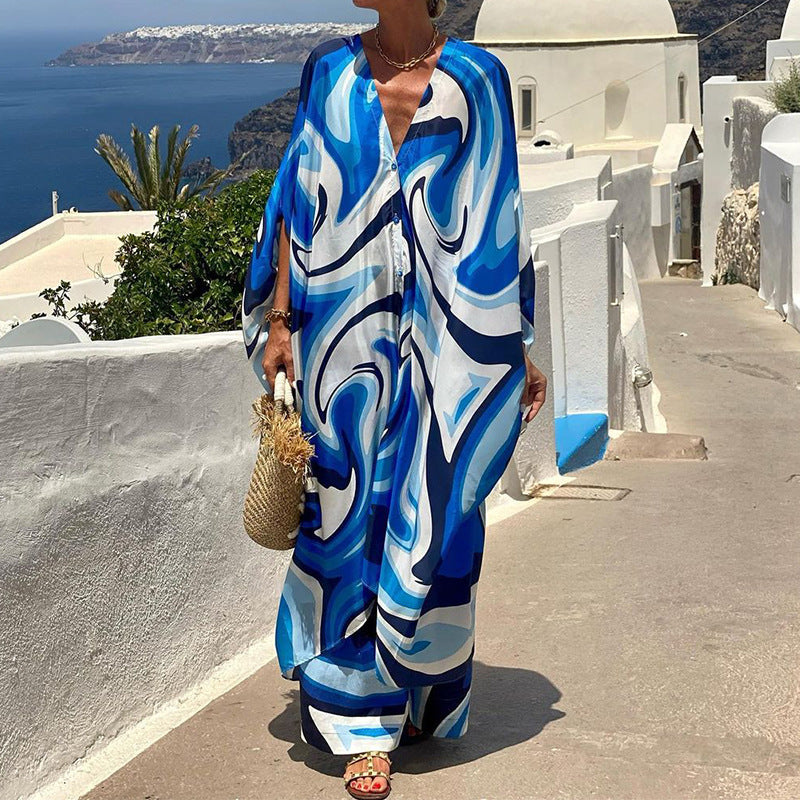LM | European and American Fashionable Batwing Sleeve Top Wide Leg Pants Two Piece Set