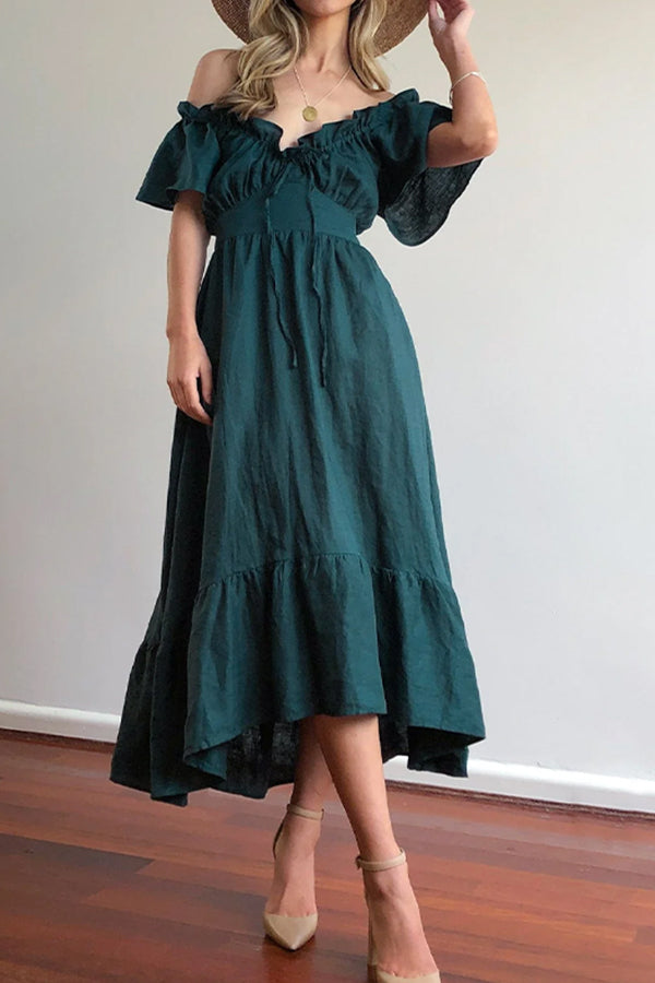 LM | RUCHED HEM OFF-THE-SHOULDER MIDI DRESS