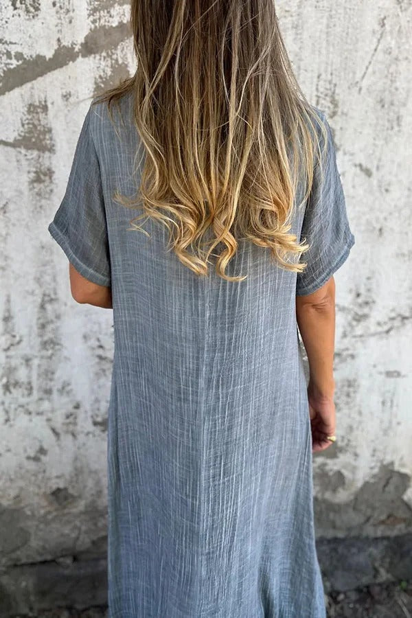 LM | Bayside Bliss linen blend short sleeve pleated loose midi dress