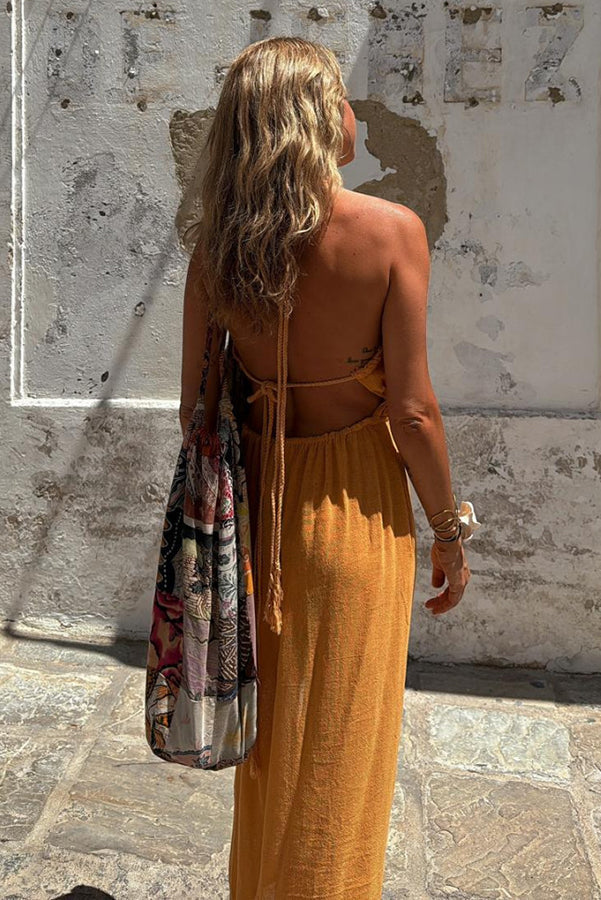 LM | Linen Blend Elastic Waist Halter Backless Pocket Slit Midi Dress