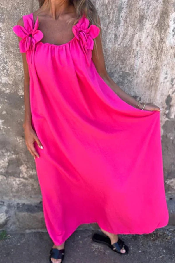 LM | Solid Floral Embellished Sleeveless Loose Maxi Dress