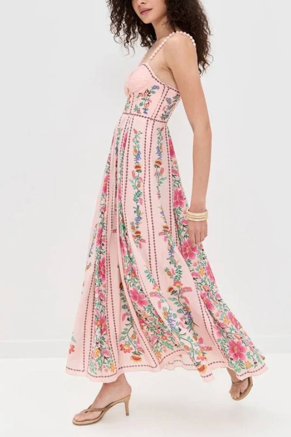 LM | Delicate Forest Unique Print Sweetheart Neck Beaded Straps Maxi Dress