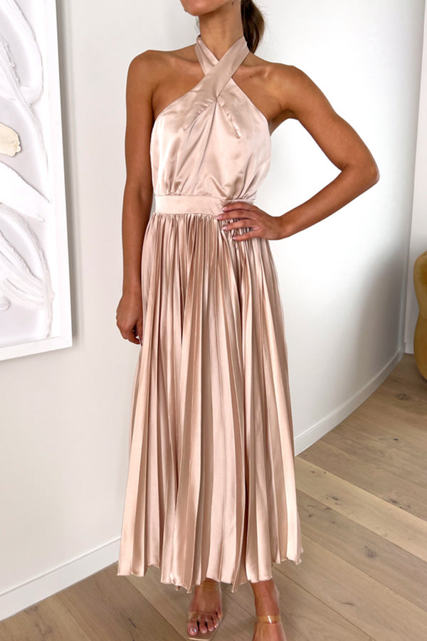 LM | Beaming Smile satin halterneck pleated midi dress