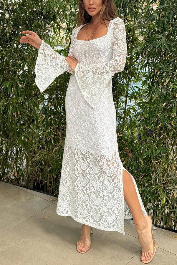 LM | Luxe Lifestyle Lace Square Neckline Bell Sleeves Lined Slit Midi Dress