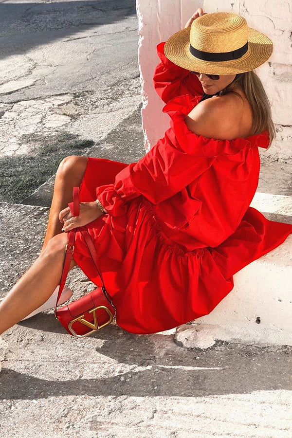 LM | Fionna Off Shoulder Ruffle Irregular Trim Loose Midi Dress
