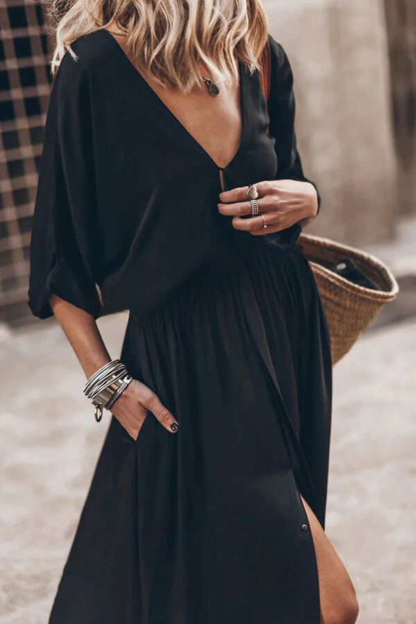 LM | Soft and Elegant Kimono Sleeve Stretchy Waist Pocketed Slit Maxi Dress