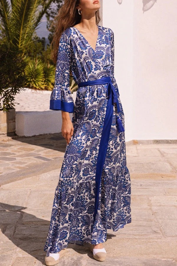 LM | Greek Island Satin Unique floral print tassel belt Maxi dress in wrap look