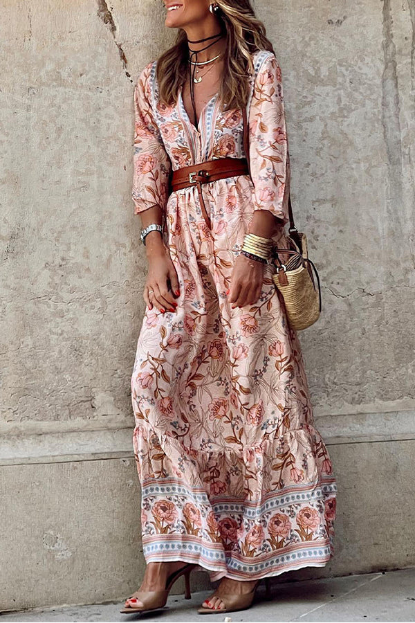 LM | Pink Sexy Bohemian Floral V-Neck Ruffle Maxi Dress