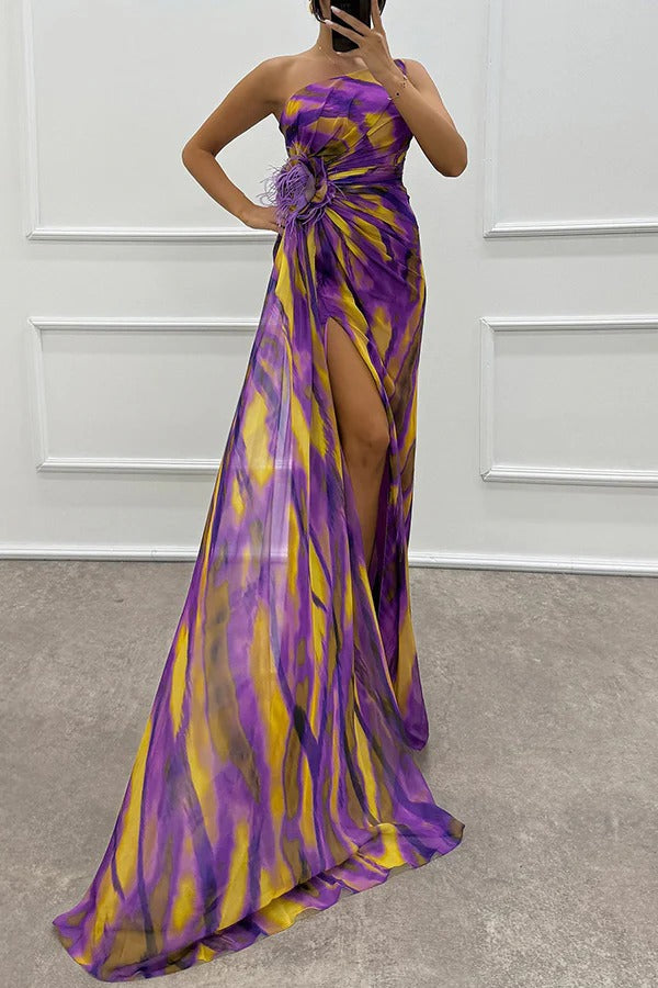 LM | Amazing Views Watercolor Print Feather Rose Detail Off Shoulder Pleated Slit Maxi Dress