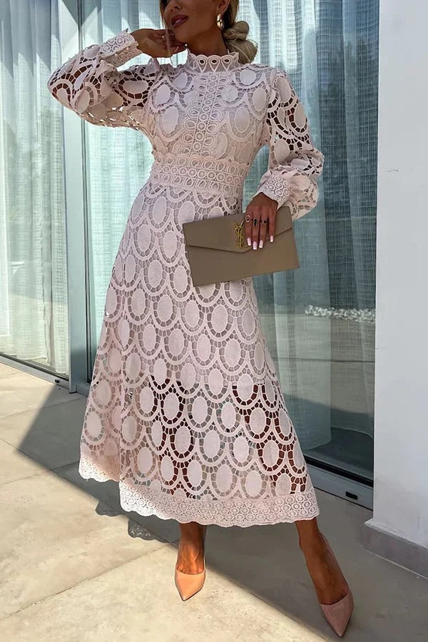 LM | Romantic, Sensual and Elegant Crochet Lace Lantern Sleeve Party Midi Dress