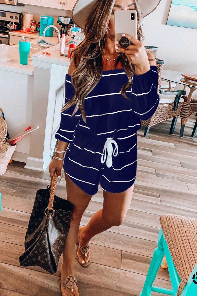 LM | Off the shoulder striped loose one-piece romper