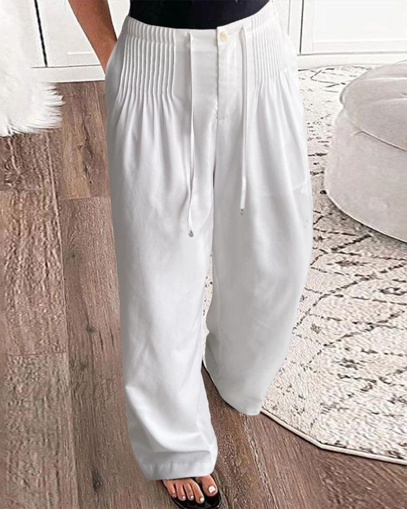 LM | Cozy White Plain Elastic Waistband Pants