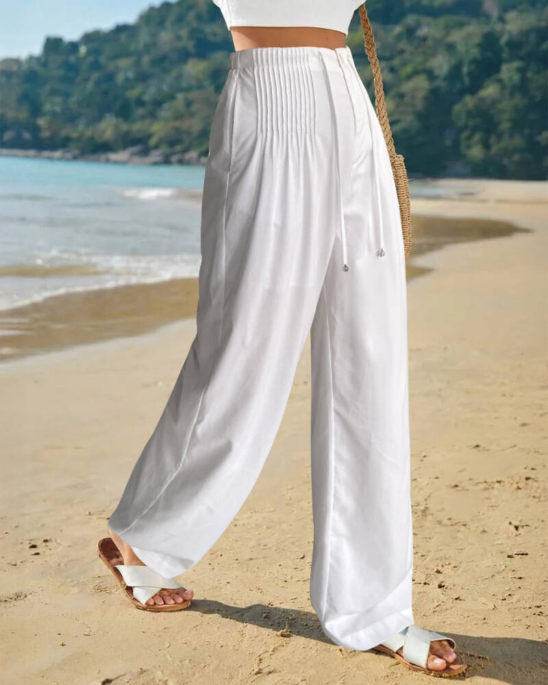 LM | Cozy White Plain Elastic Waistband Pants