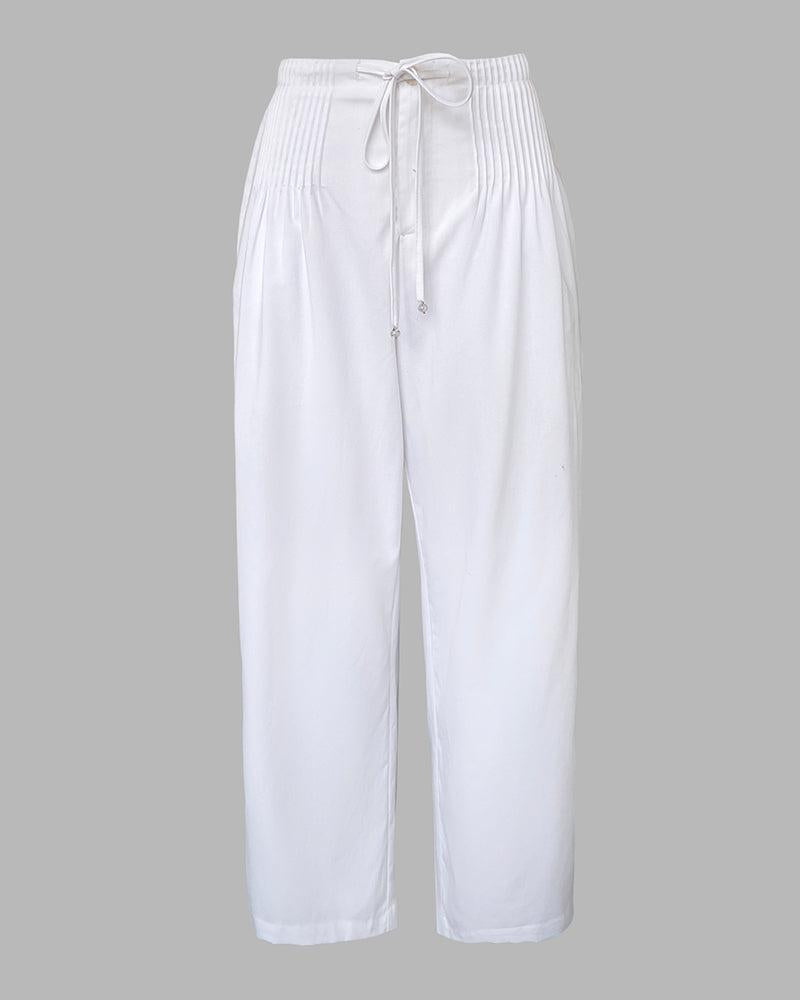 LM | Cozy White Plain Elastic Waistband Pants