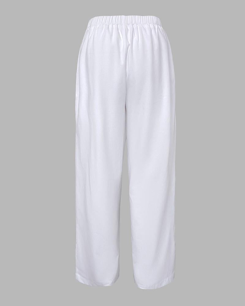 LM | Cozy White Plain Elastic Waistband Pants