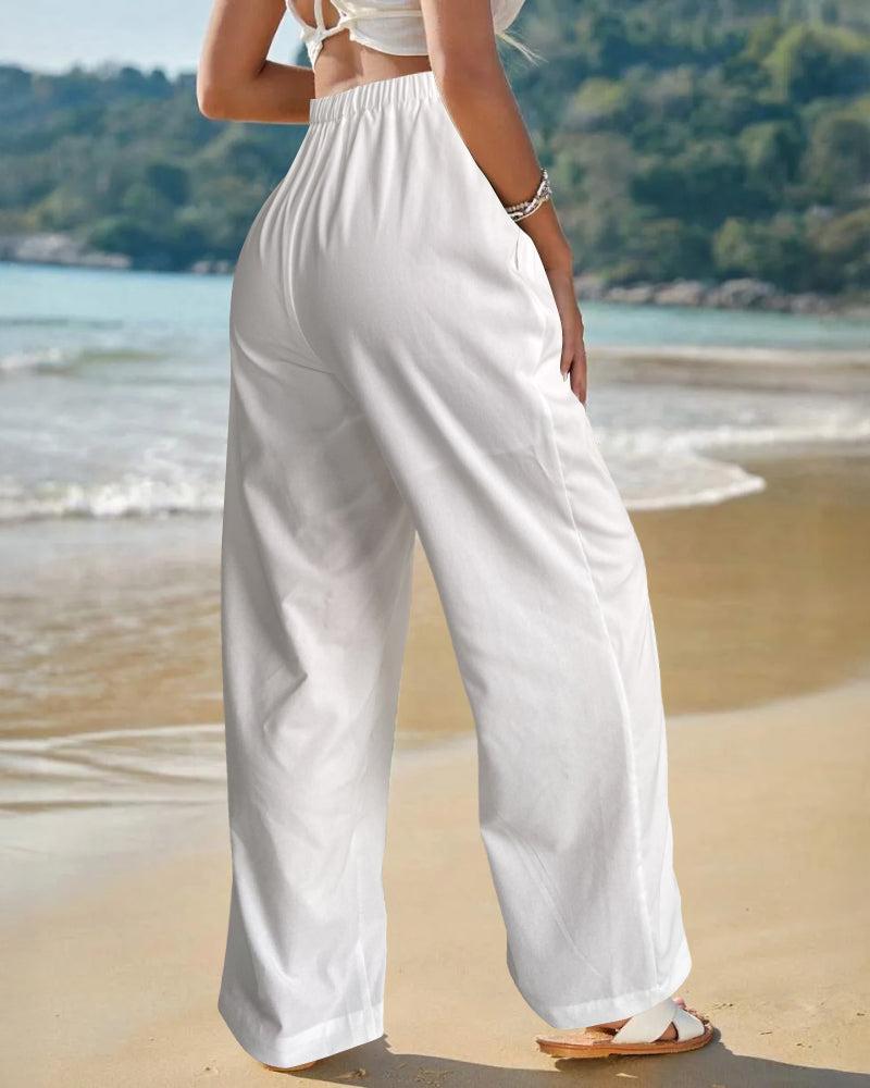 LM | Cozy White Plain Elastic Waistband Pants
