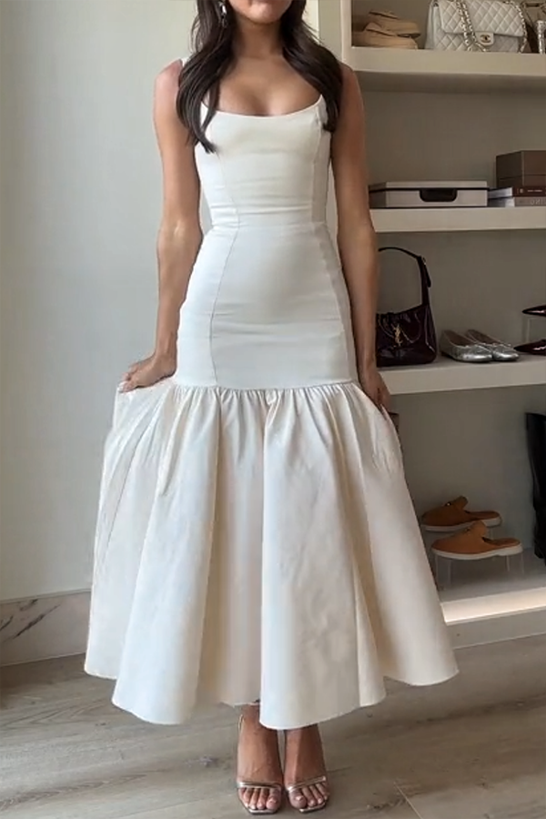 LM | Graceful Silhouette Square Neckline Wide Strap Drop Waist Midi Dress