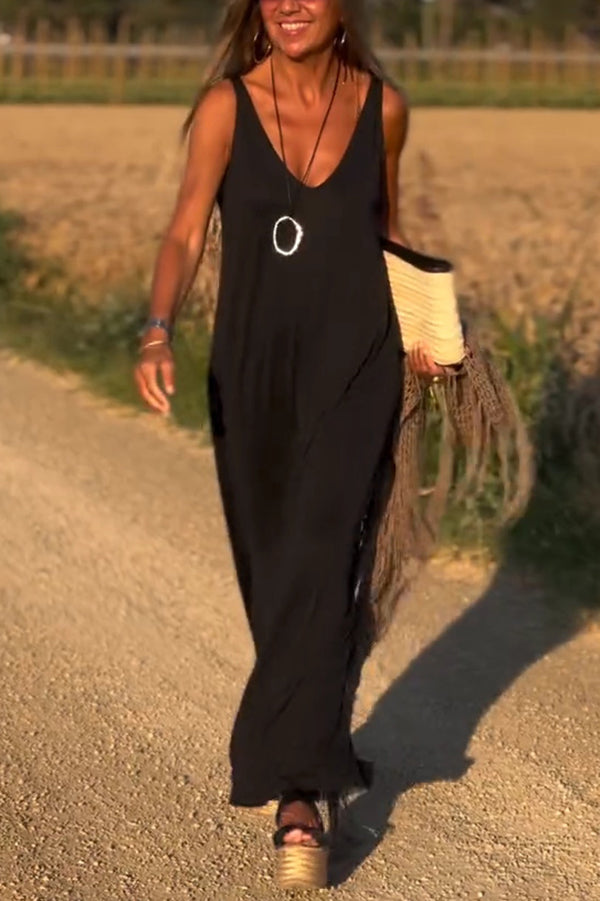 LM | Solid Color V-Neck Sleeveless Casual Loose Maxi Dress