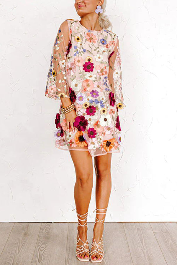 LM | Dahlia Dreaming Embroidered Floral Appliqué Half Sleeve Mini Dress