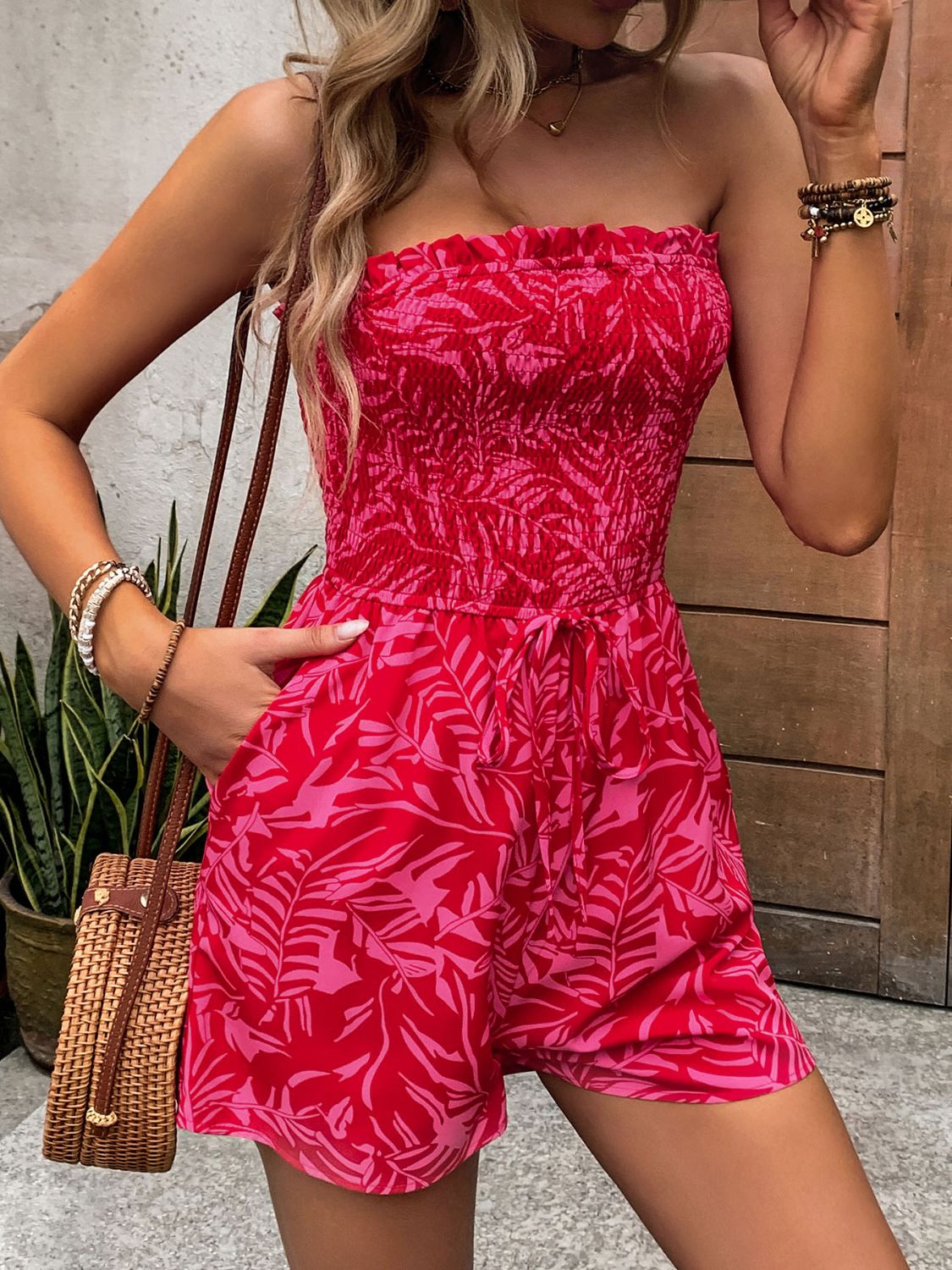 LM | Smocked printed tube romper with pockets