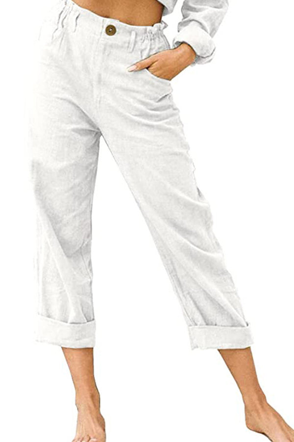 LM | Solid color cotton and linen fashionable loose high waist casual pants