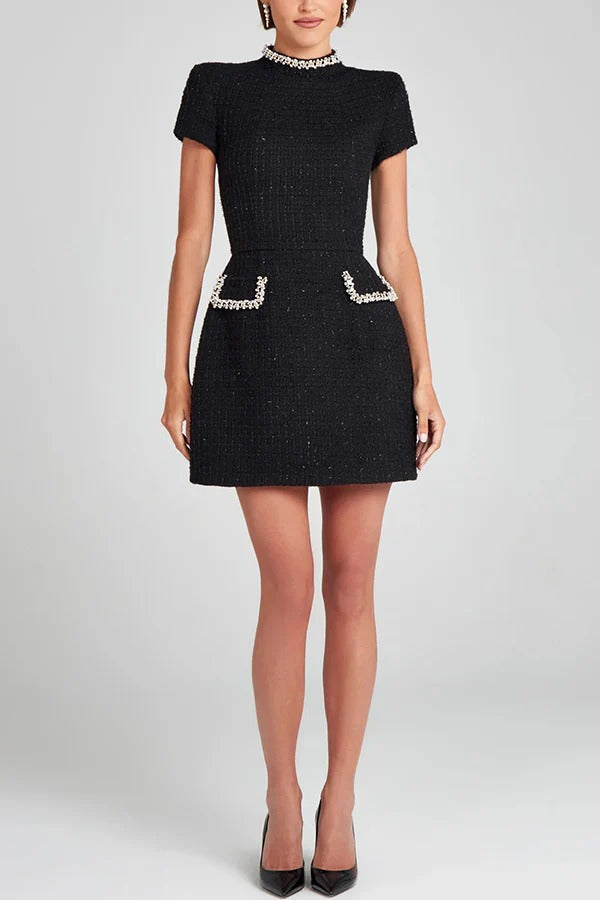 LM | Exquisite and playful tweed fabric beaded short sleeve pocketed mini dress