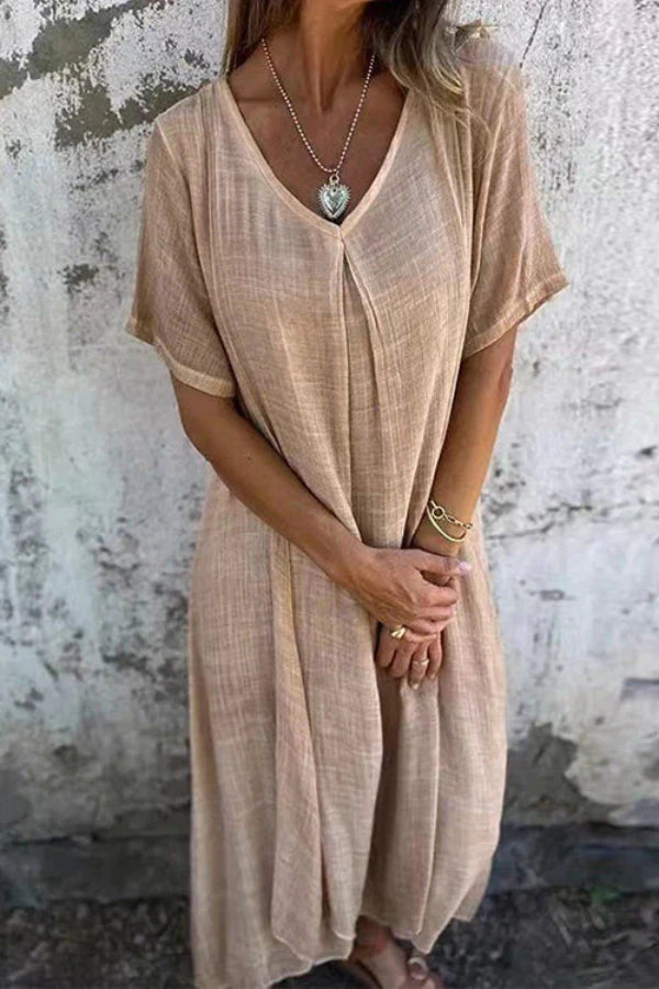 LM | V-neck loose fit cotton linen midi dress